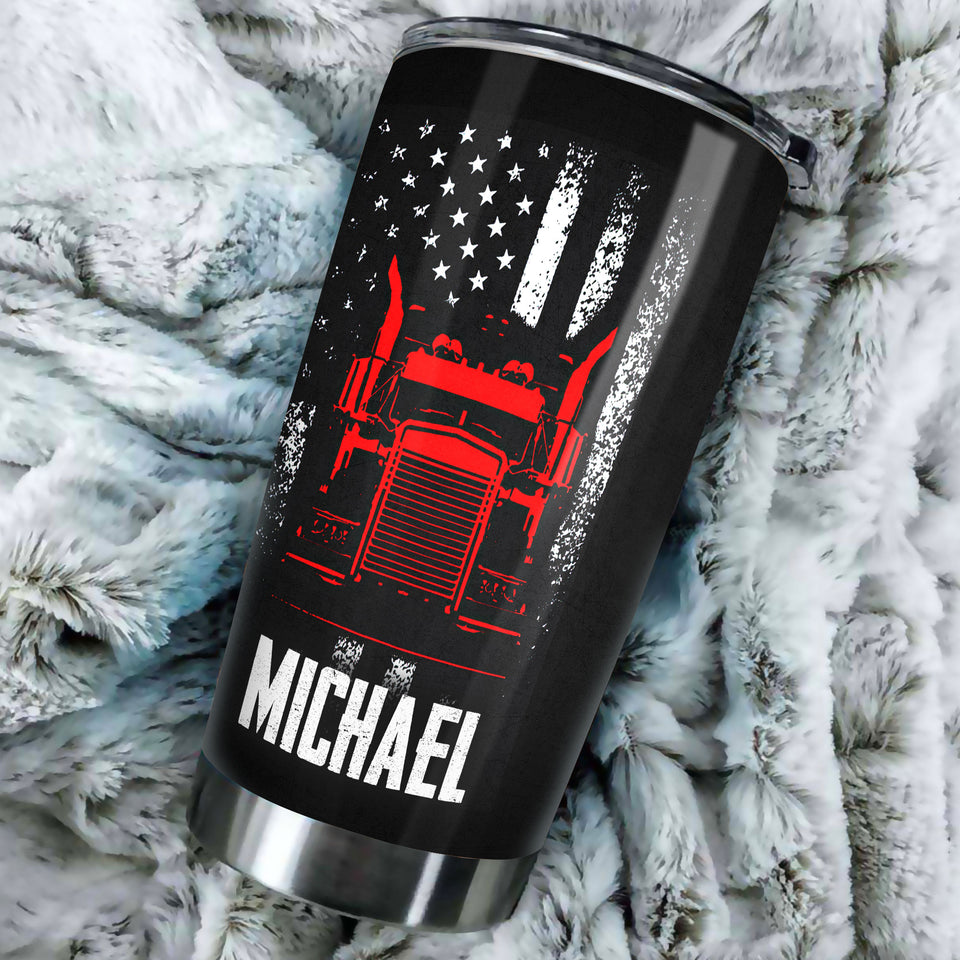 Camellia Personalized American Trucker US Flag Vintage Distressed Graphics Stainless Steel Tumbler - Double-Walled Insulation Travel Thermal Cup With Lid Gift For Trucker