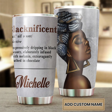 Camellia Personalized Black Beauty Blacknificent Stainless Steel Tumbler - Double-Walled Insulation Vacumm Flask - Gift For Black Queen, International Women's Day, Hippie Girls