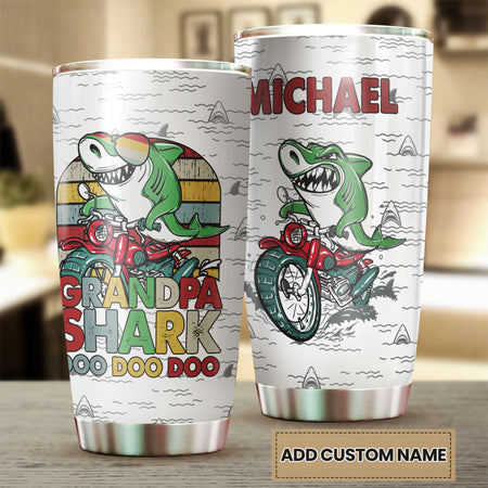 Camellia Personalized Funny Grandpa Shark Rider Doo Doo Doo Stainless Steel Tumbler - Customized Double-Walled Insulation Travel Thermal Cup With Lid
