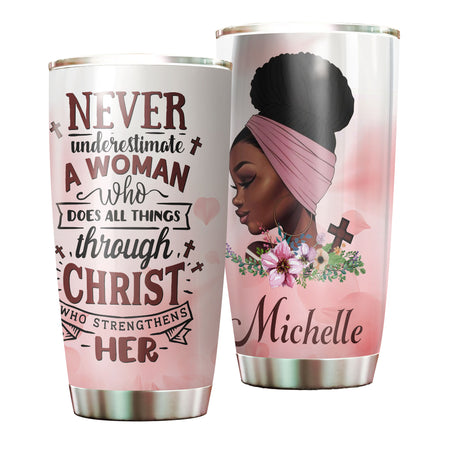 Camellia Personalized Black Women Faith Stainless Steel Tumbler - Double-Walled Insulation Vacumm Flask - Gift For Black Queen, International Women's Day, Hippie Girls 00