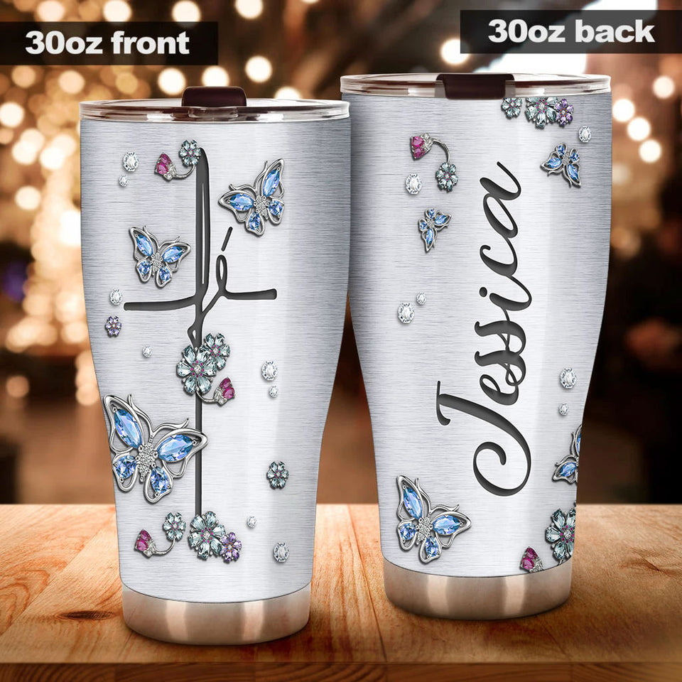 Camellia Personalized Butterfly Jewelry Style Christian Cross Stainless Steel Tumbler - Double-Walled Insulation Vacumm Flask - For Thanksgiving, Memorial Day, Christians, Christmas Gift
