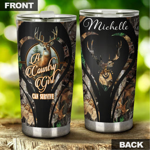 Camellia Persionalized 3D Deer A Country Girl Can Survive Stainless Steel Tumbler - Customized Double - Walled Insulation Travel Thermal Cup With Lid