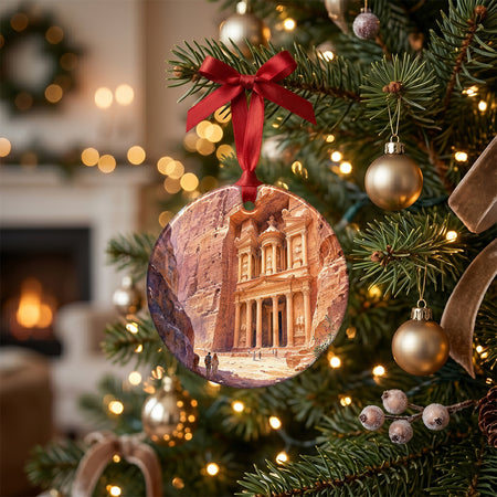 Ceramic Petra souvenir ornament styled on a rustic table next to decorative pinecones and a candle.