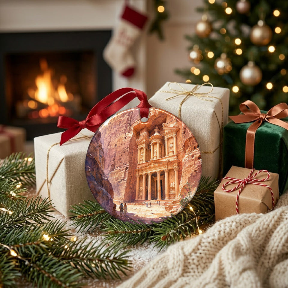 Rose-red Petra Christmas ornament arranged beside wrapped holiday gifts near a warm glowing fireplace.