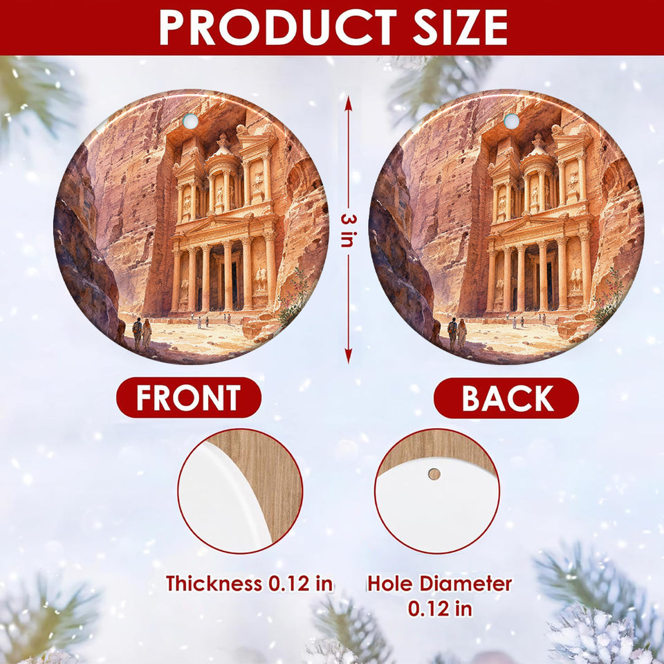 Detailed size chart diagram showing 3-inch dimensions and two-sided print for the Petra Treasury ornament.