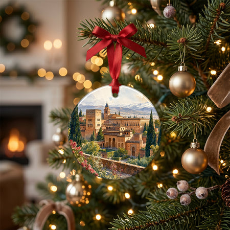 Festive ornament displayed on a rustic table alongside winter pinecones and a lit candle.