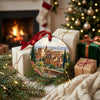 Spanish fortress ceramic ornament placed beside wrapped gifts near a glowing holiday fireplace.