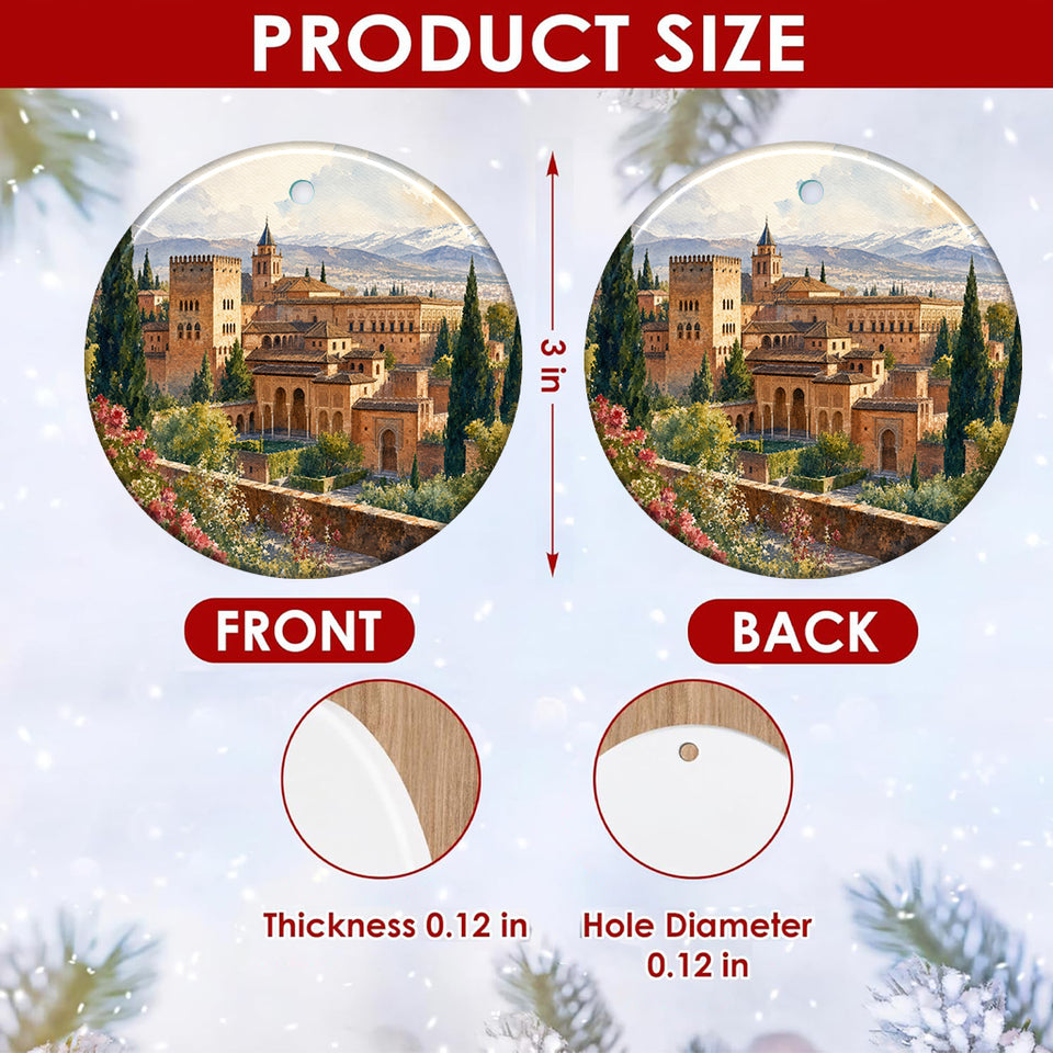 Product size chart showing the 3-inch diameter and double-sided print of the ceramic ornament.