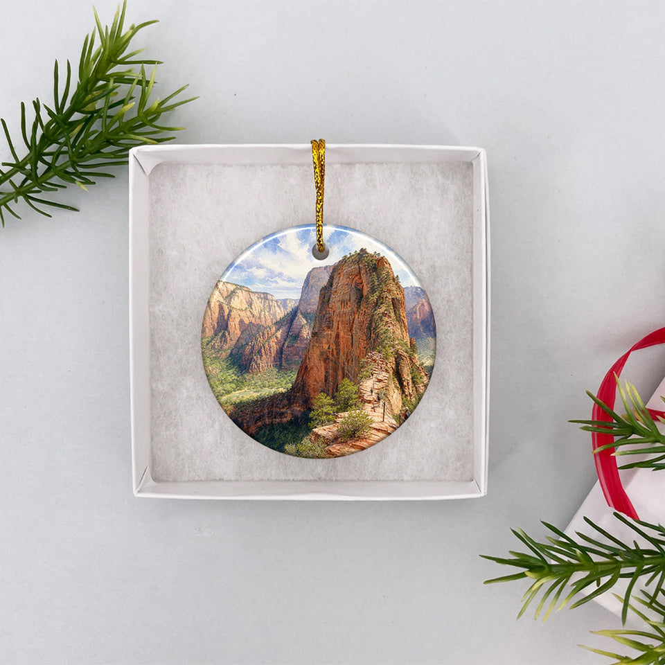 Angels Landing hiking souvenir safely nestled inside an open white gift box ready for Christmas giving.