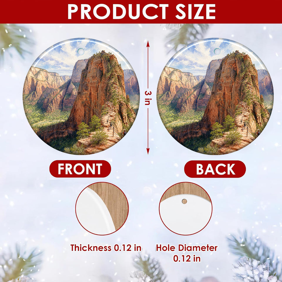 Product size chart highlighting the 3-inch diameter and double-sided print of the ceramic ornament.