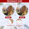 Product size chart highlighting the 3-inch diameter and double-sided print of the ceramic ornament.