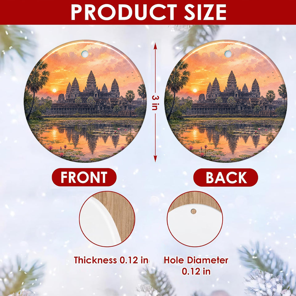 Product size chart showing the three-inch round ceramic ornament with double-sided artwork details.