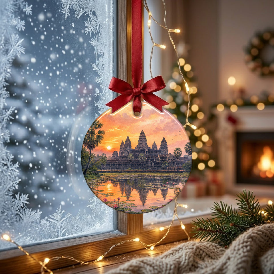 Detailed travel keepsake suspended in front of a frosty winter window with soft morning daylight.