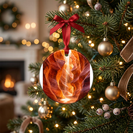 Holiday ornament arranged on a tabletop setting decorated with a rustic pinecone and candle.