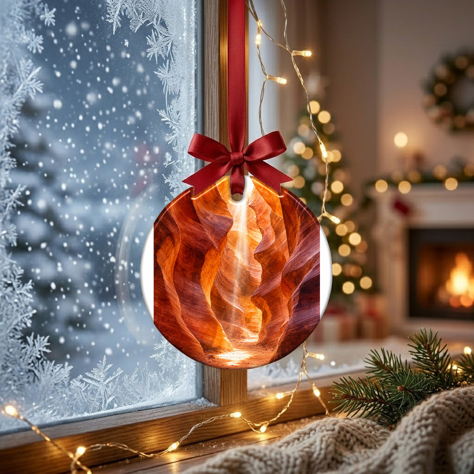 Ceramic travel keepsake suspended gracefully in front of a frosty winter window.