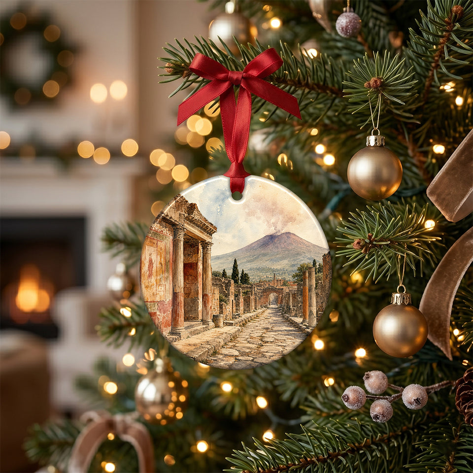 Detailed view of the Italian keepsake hanging from an illuminated holiday tree branch.