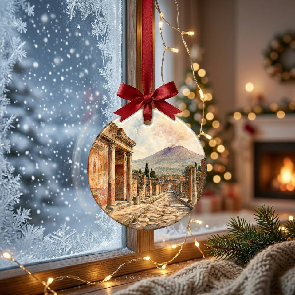 Ceramic travel ornament suspended in front of a bright frosty window with soft daylight.