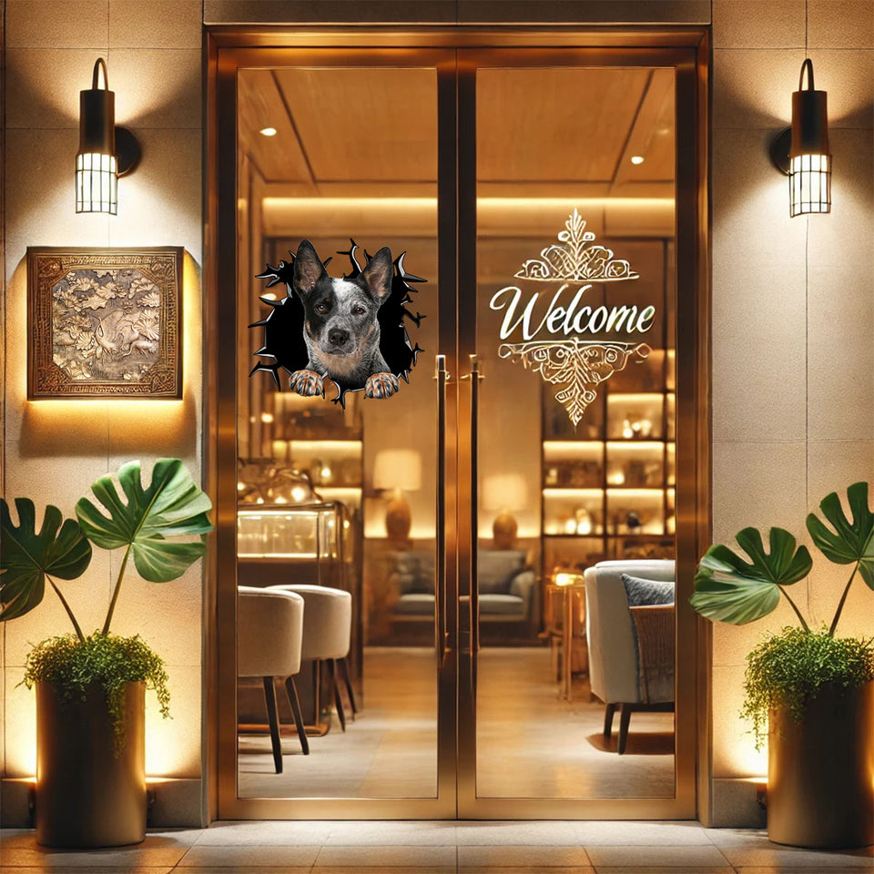 Decorative Australian Cattle decal smoothly installed on a wooden home door.