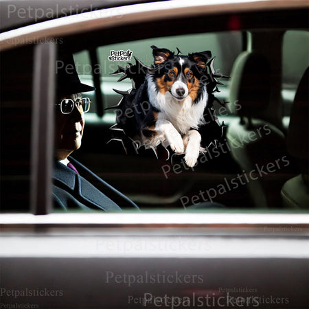 Novelty Australian Shepard graphic vinyl decal placed creatively on a white toilet.