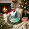 Festive holiday decoration resting next to wrapped seasonal gifts beside a warm fireplace.