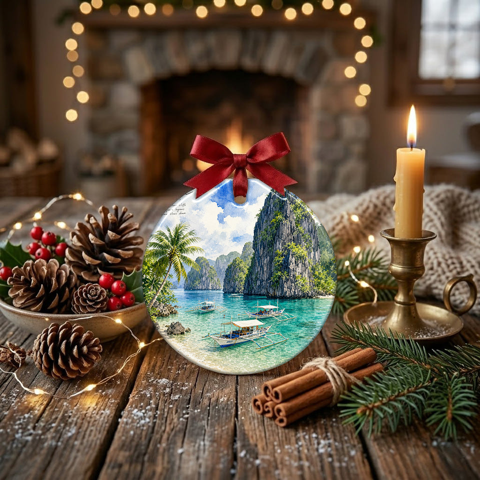 Decorative ceramic piece styled on a rustic holiday table surrounded by pinecone accents.