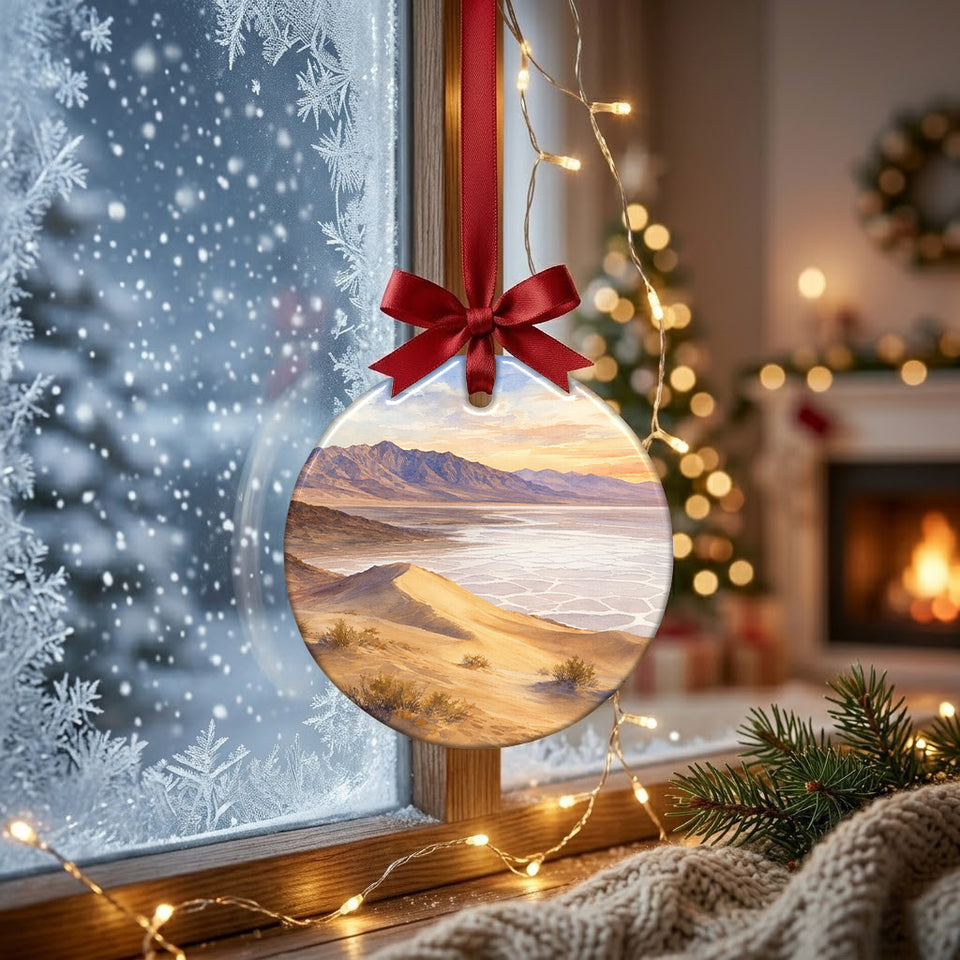 Festive Badwater Basin decoration hung before a frosty winter window catching gentle morning light.