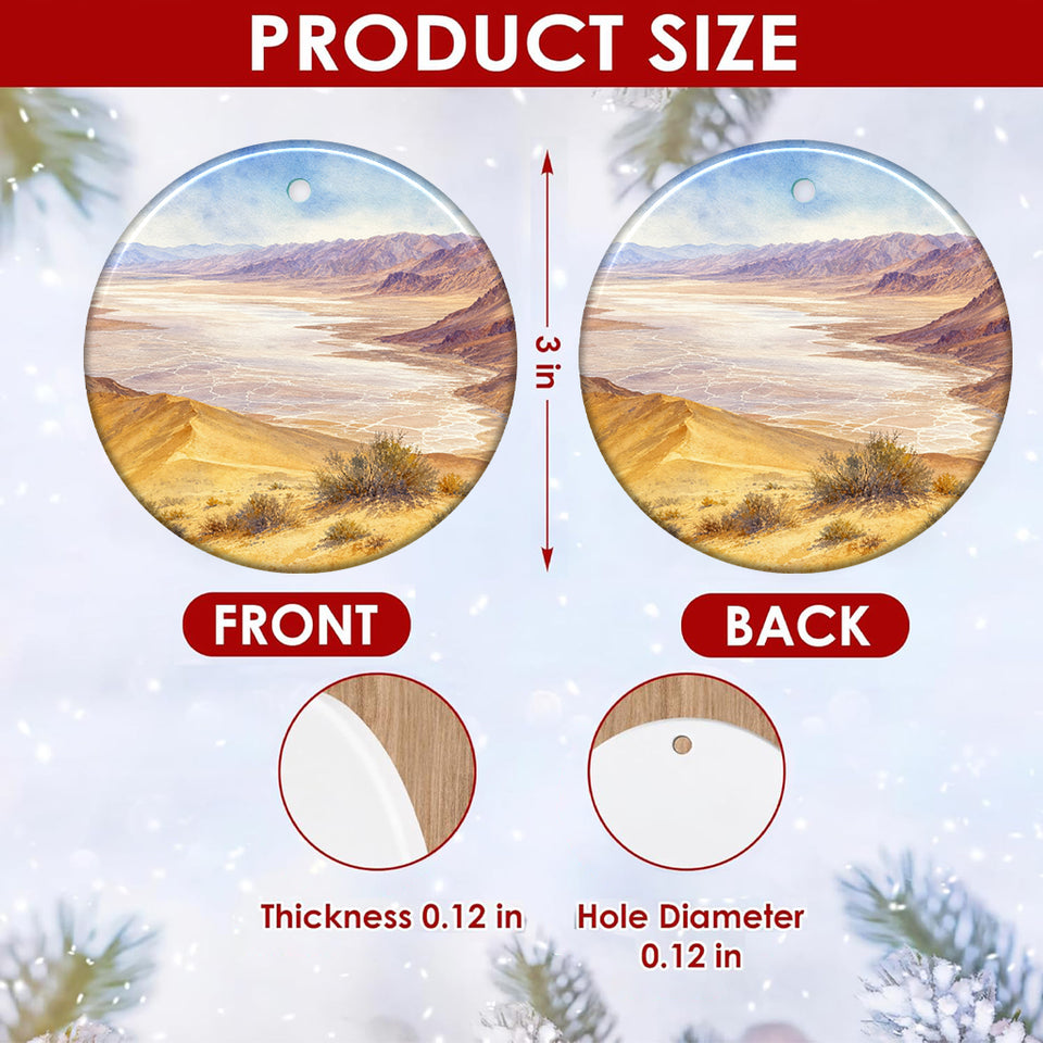 Product size chart diagram displaying three-inch dimensions and double-sided desert artwork.