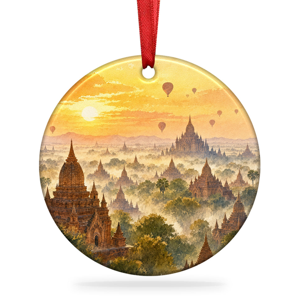 Bagan Archaeological Zone ornament showing pagodas at sunrise against a clean white background.