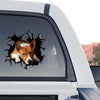 Curious Basenji peeking face sticker decorating the rear window of a truck.