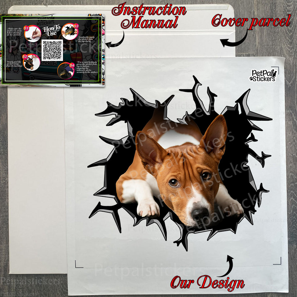 Unboxed Basenji car decal shown alongside its secure protective package.