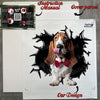 Unboxed Basset Hound car decal alongside protective product package.