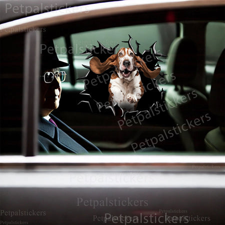 Funny Basset Hound broken glass decal mounted creatively on a porcelain toilet lid.