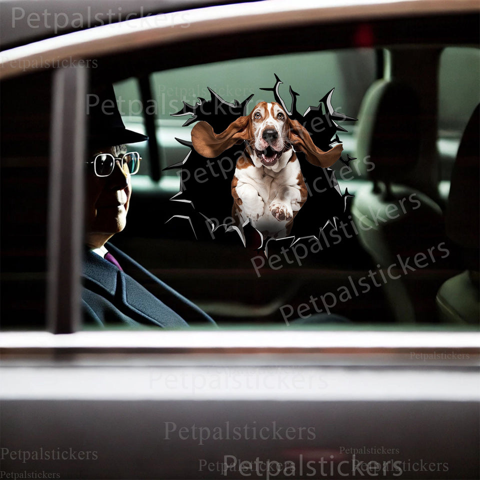 Cute Basset Hound vinyl sticker applied smoothly onto a car door exterior.
