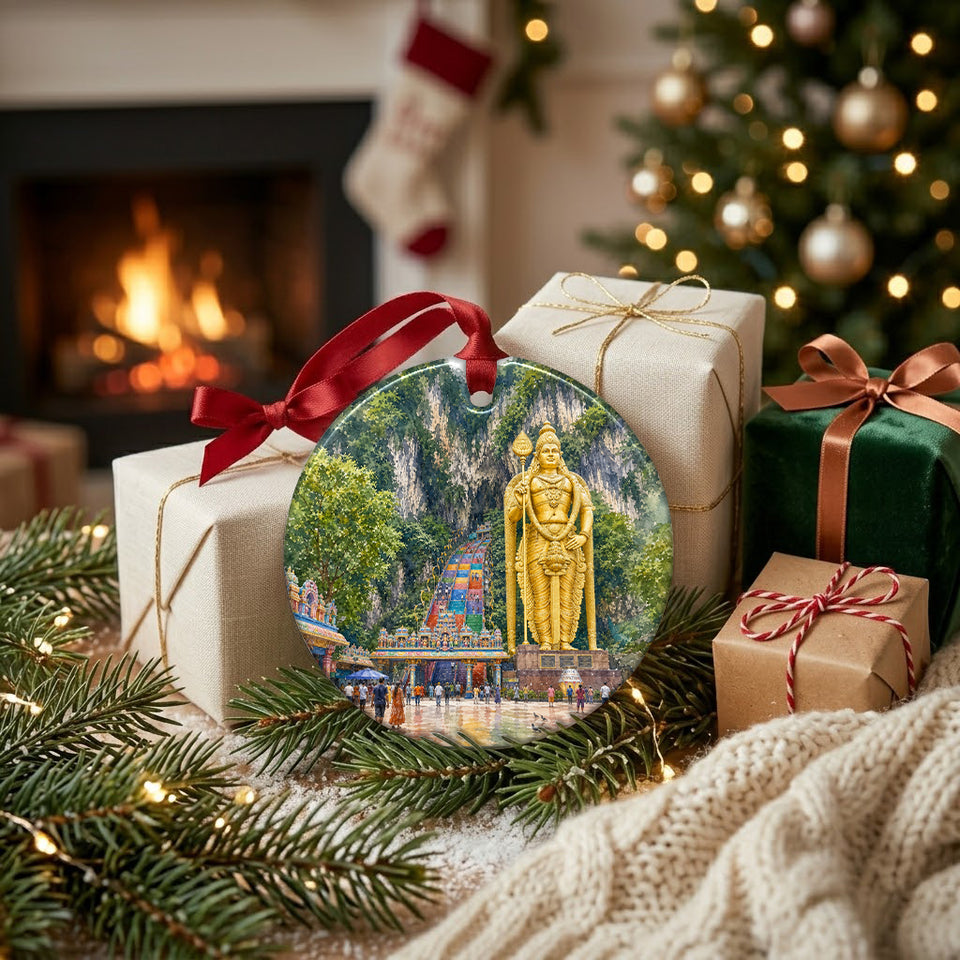Festive holiday decoration resting beside wrapped gifts near the warm glow of a hearth