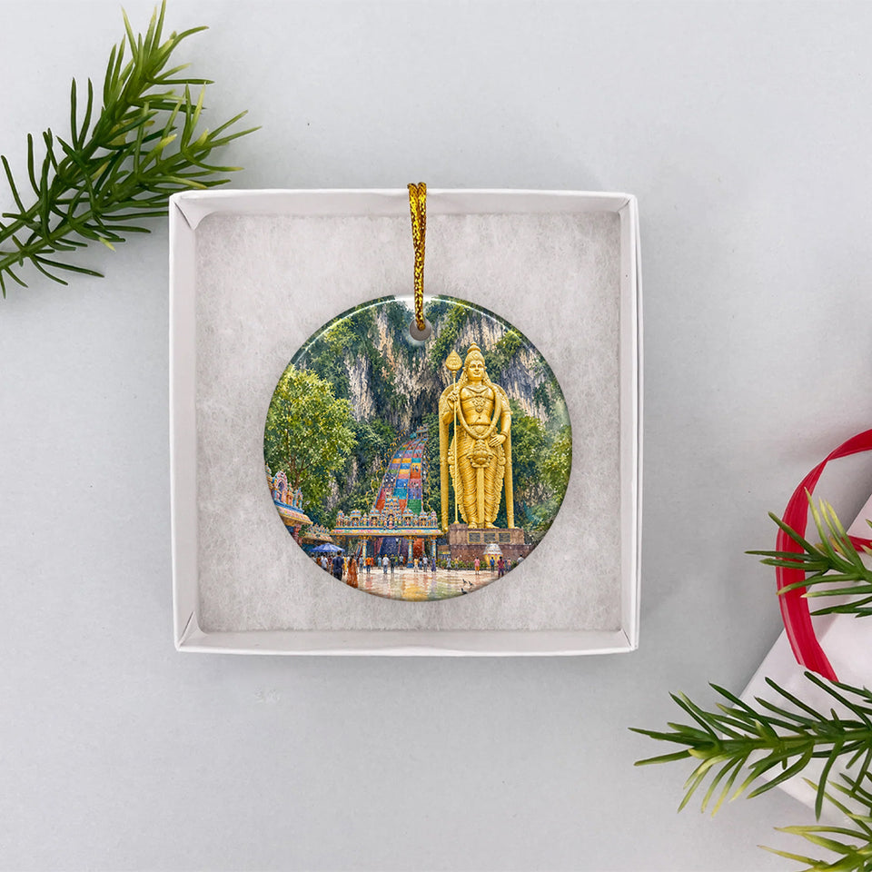 Round ceramic travel keepsake tucked securely inside an opened white gift box packaging