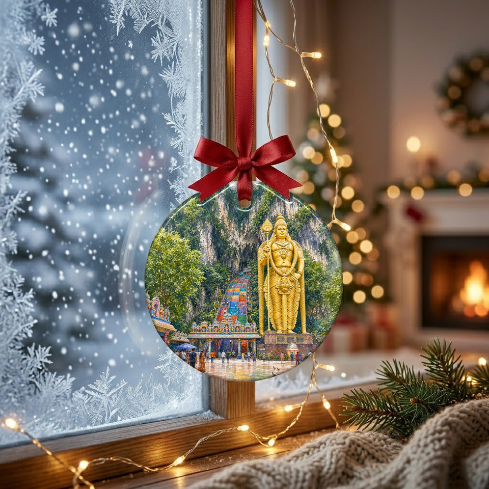 Malaysian landmark keepsake displayed hanging by a frosty winter window in daylight