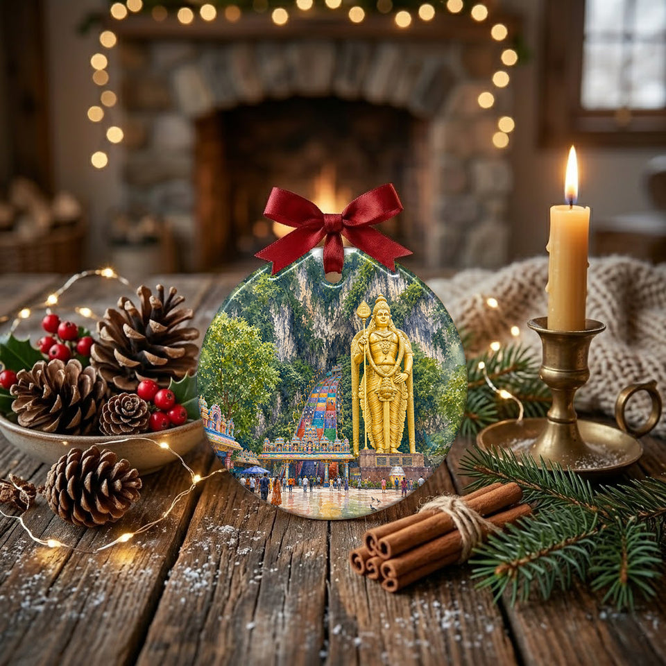 Detailed holiday ornament styled across a rustic table alongside pinecone accents