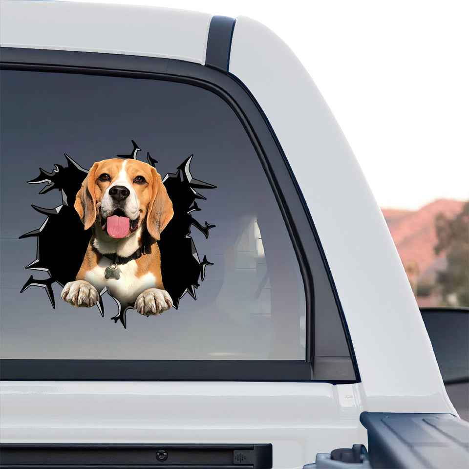 Vibrant Beagle sticker displayed on the rear window of a truck showing outdoor weather resistance.