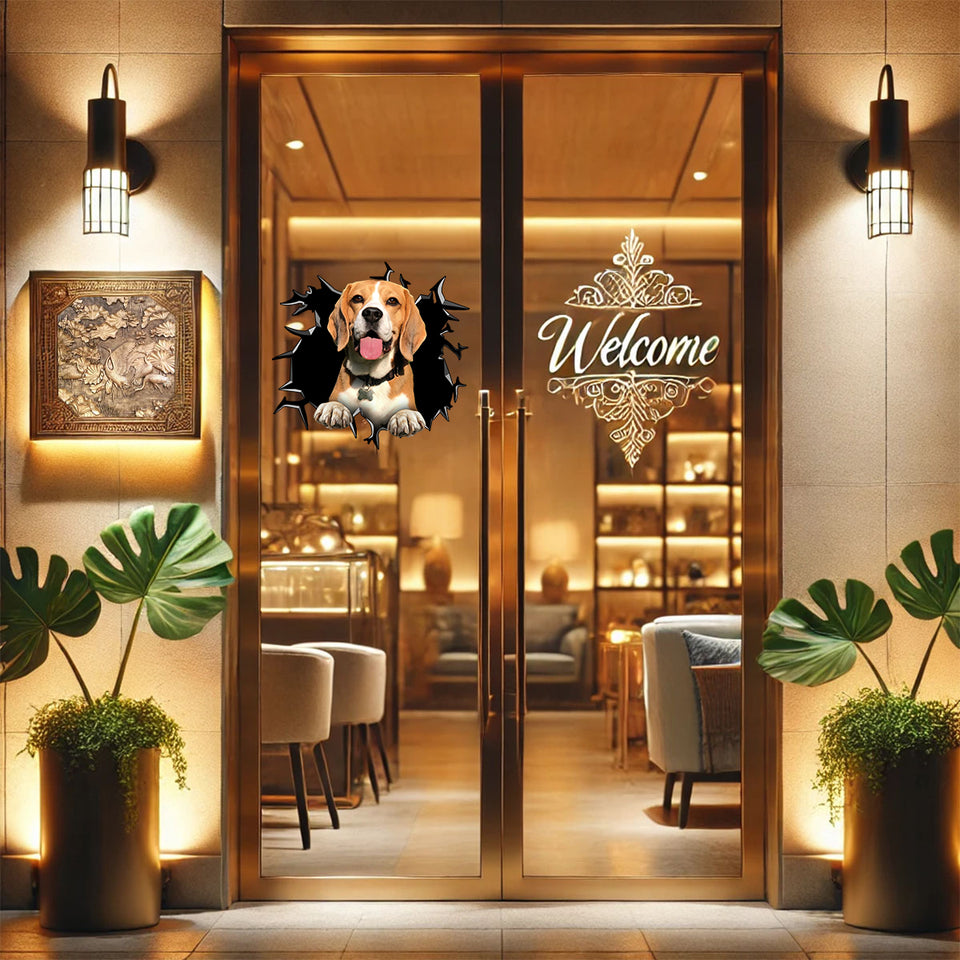 Decorative Beagle artwork decal placed cleanly on a home glass door surface.