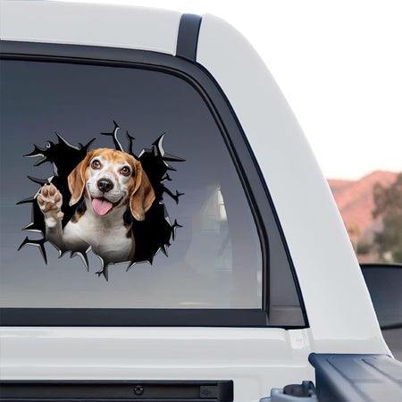 Humorous Beagle sticker applied to the clean white ceramic surface of a toilet.