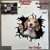 Product packaging presentation showing the Beagle car decal inside its shipping package.