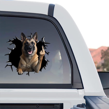 Funny Belgian Malinois artwork decal placed neatly on a smooth porcelain toilet tank.