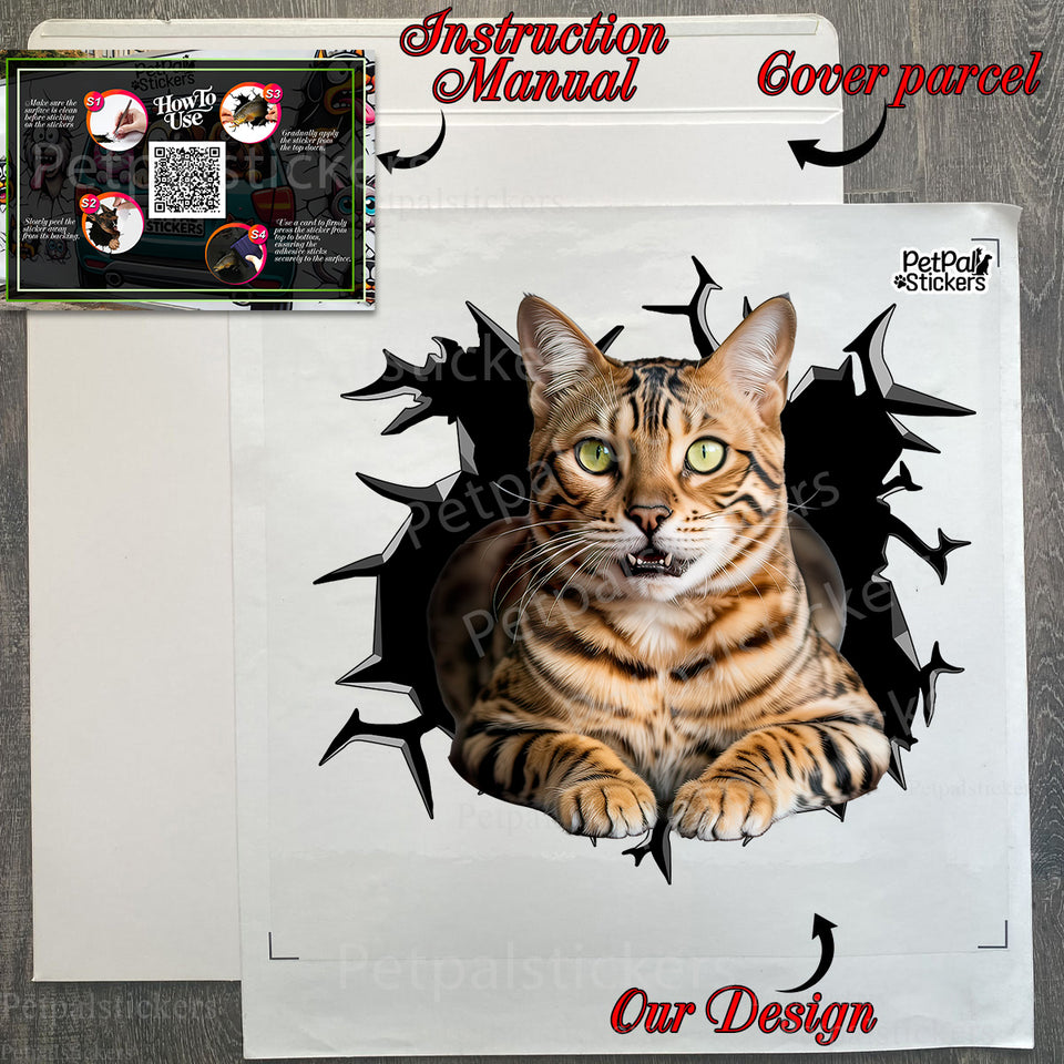 Carefully rolled Bengal cat vinyl sticker presented alongside its protective retail package.