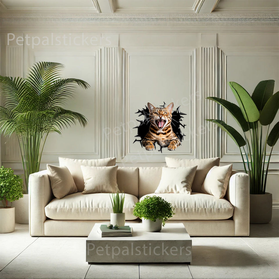 Vibrant Bengal Cat decorative decal showcased smoothly mounted on an interior room wall.