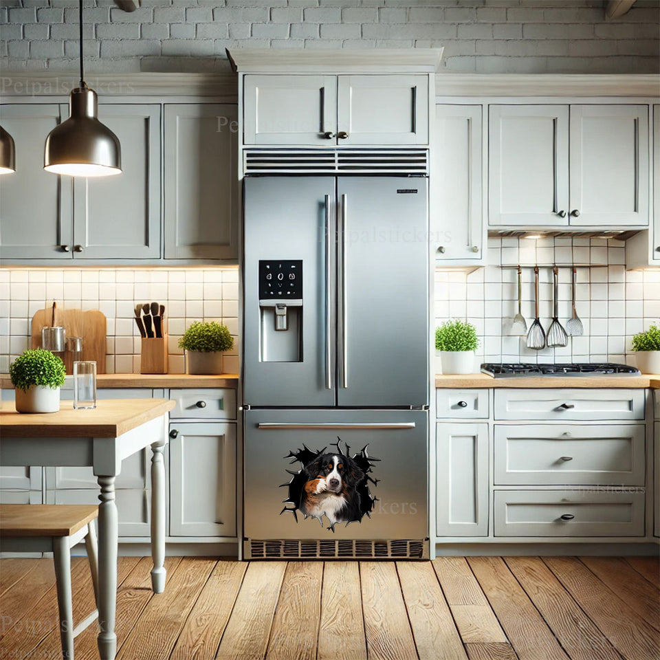 Cute dog face graphic decal attached to a smooth stainless steel refrigerator surface.