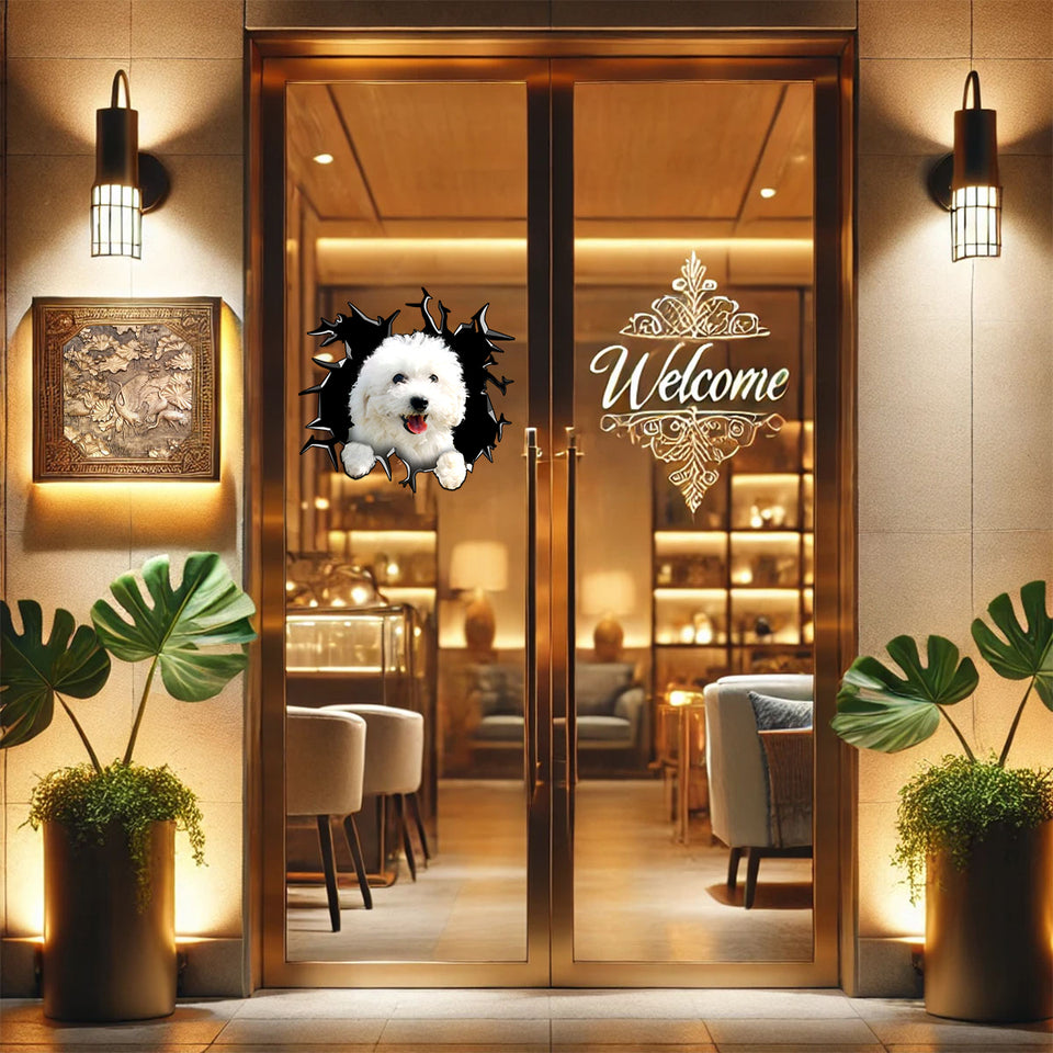 Playful Bichon Frise dog sticker decorating the glass panel of an entryway door.