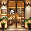 Playful Bichon Frise dog sticker decorating the glass panel of an entryway door.