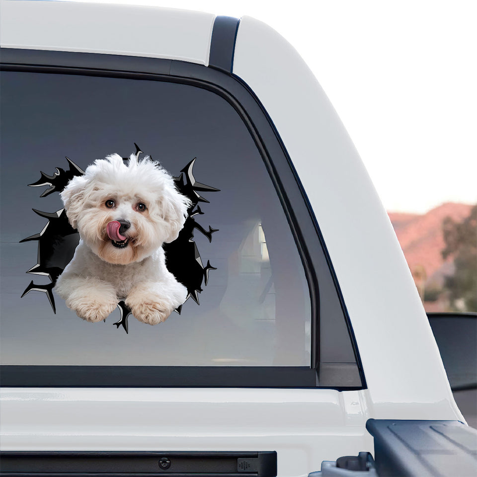 Waterproof Bichon Frise window sticker decorating the exterior rear window of a truck outdoors.
