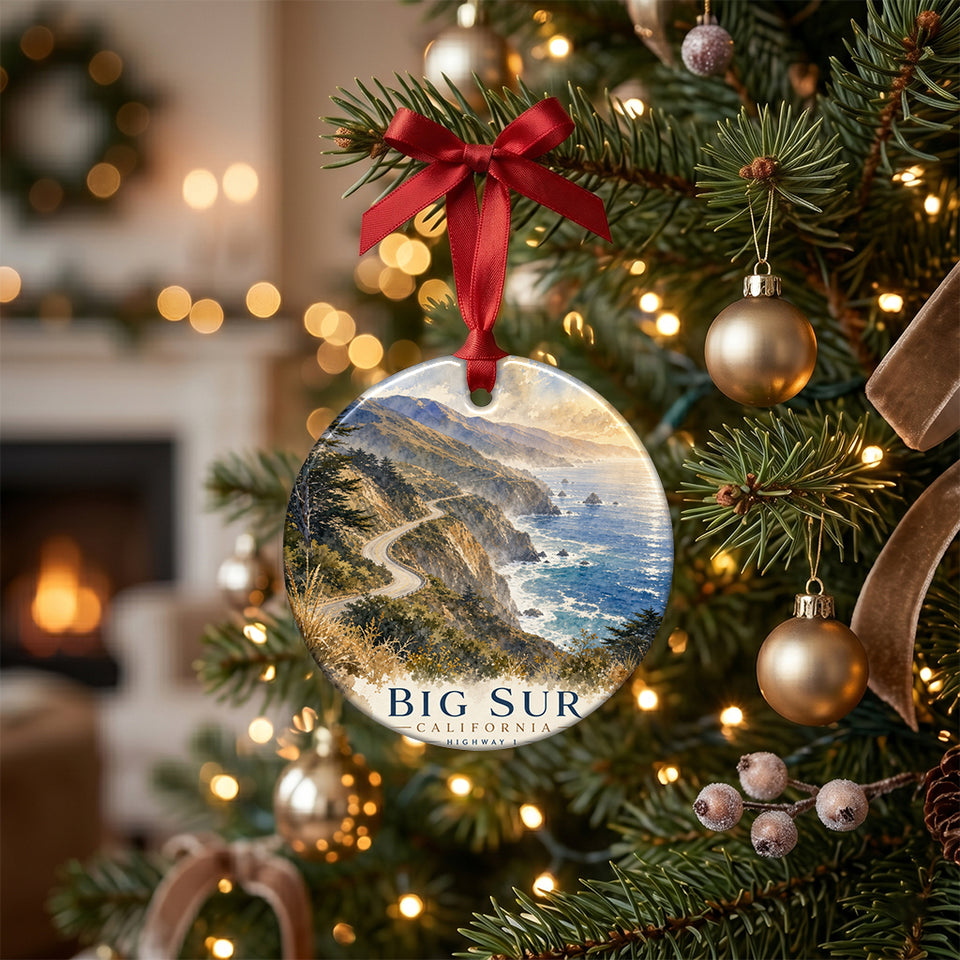 California coastal Route 1 holiday keepsake hanging from an illuminated branch of a decorated Christmas tree.