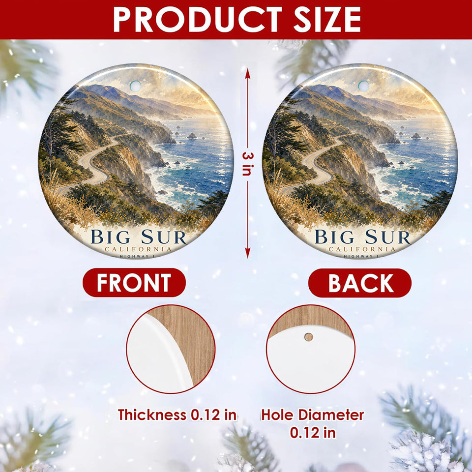 Detailed size chart showing the 3-inch round ceramic dimensions and double-sided print of the ornament.